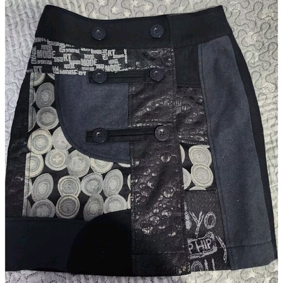 Desigual Womens Size XS Black Wool Blend Patchwork Button Front Mini Skirt - Picture 6 of 8